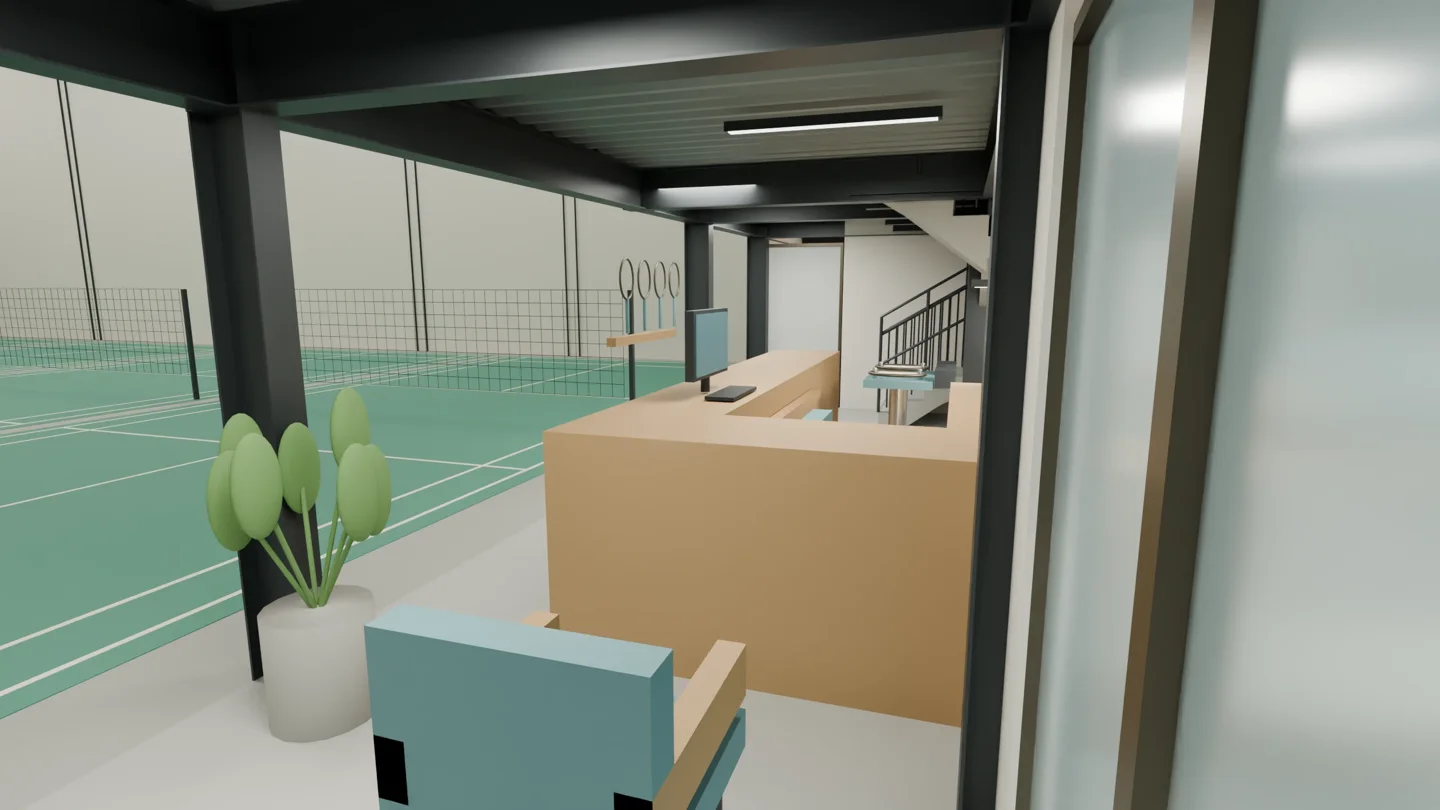 Design study of a reception space with exposed steel and a glazed partition